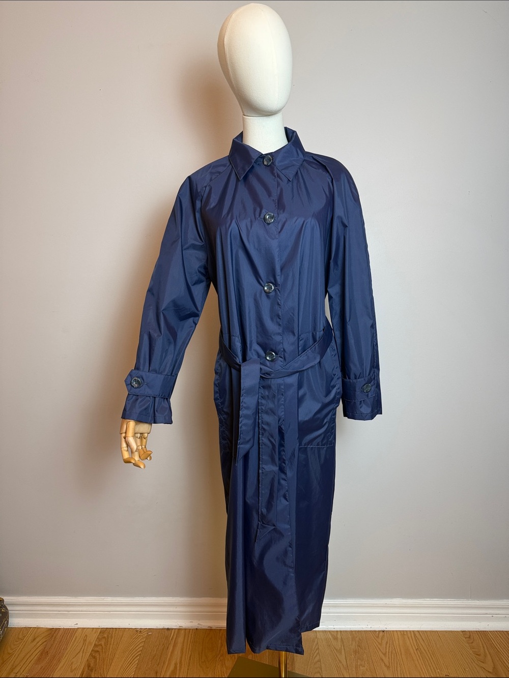 Women’s Navy Long Trench Coat with Waist Tie